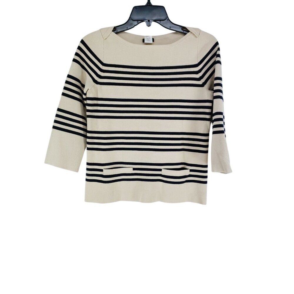 J Crew Fashion Sweater Women's Size XS Beige Blue Stretch 3/4 Sleeve Boat Neck